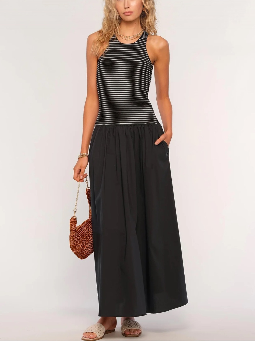 Heartloom Malibu ribbed black white stripe flowy maxi dress sz small